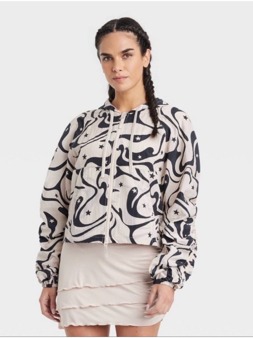 JoyLab Black & Cream Printed Hooded Jacket